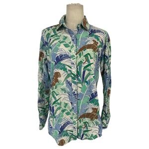 J.McLaughlin Womens XS Tropical Jungle Lion Palm Print Button Down Shirt Casual